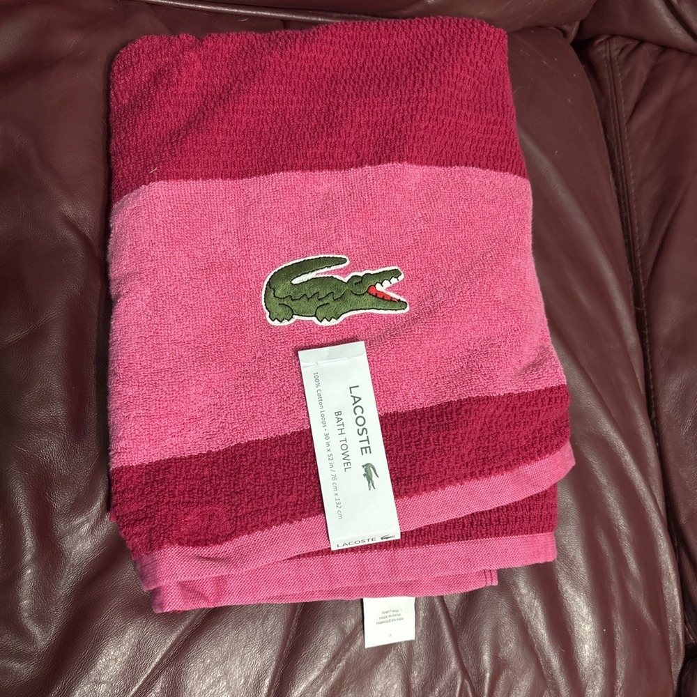 Lacoste ~ Cherry Red Bath Towel 100% Cotton 30" x 52" Big Crocodile Logo (A)